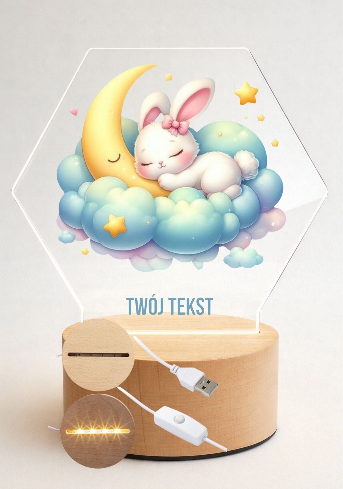 Lampka LED z plexi Królik – personalizowana lampka nocna dla dziecka #158