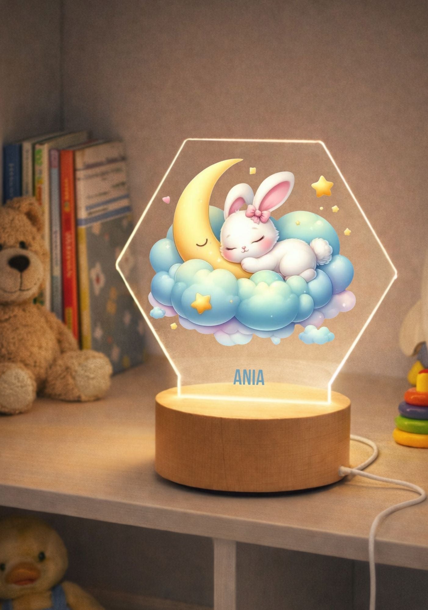 Lampka LED z plexi Królik – personalizowana lampka nocna dla dziecka #158